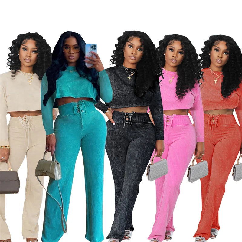 Solid Casual Two Piece Set for Women Sweatsuit Sporty Fitness Long Sleeve Top and Lace-up Wide Leg Pants Joggers Tracksuit Fall