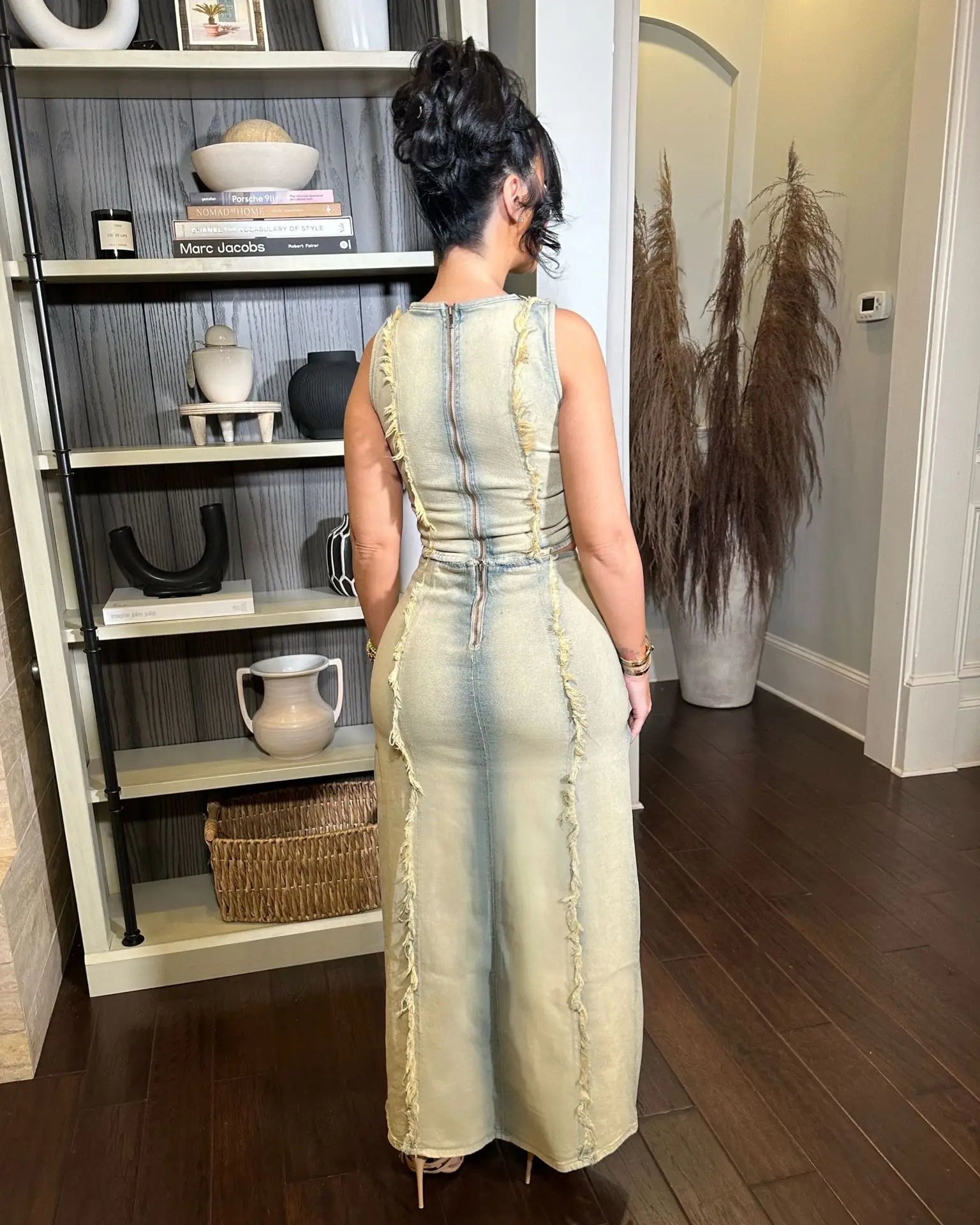 DSMTRC Women Sleeveless Crop Tank Tops and Split Side Maxi Skirt Streetwear Outfits Elegant Ripped Hole Denim Two 2 Piece Dress