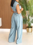 Streetwear Denim Set Women 2 Piece Set Outfit Jean Zipper Turn-down Collar Cropped Top and Loose Wide Leg Pants Matching Sets