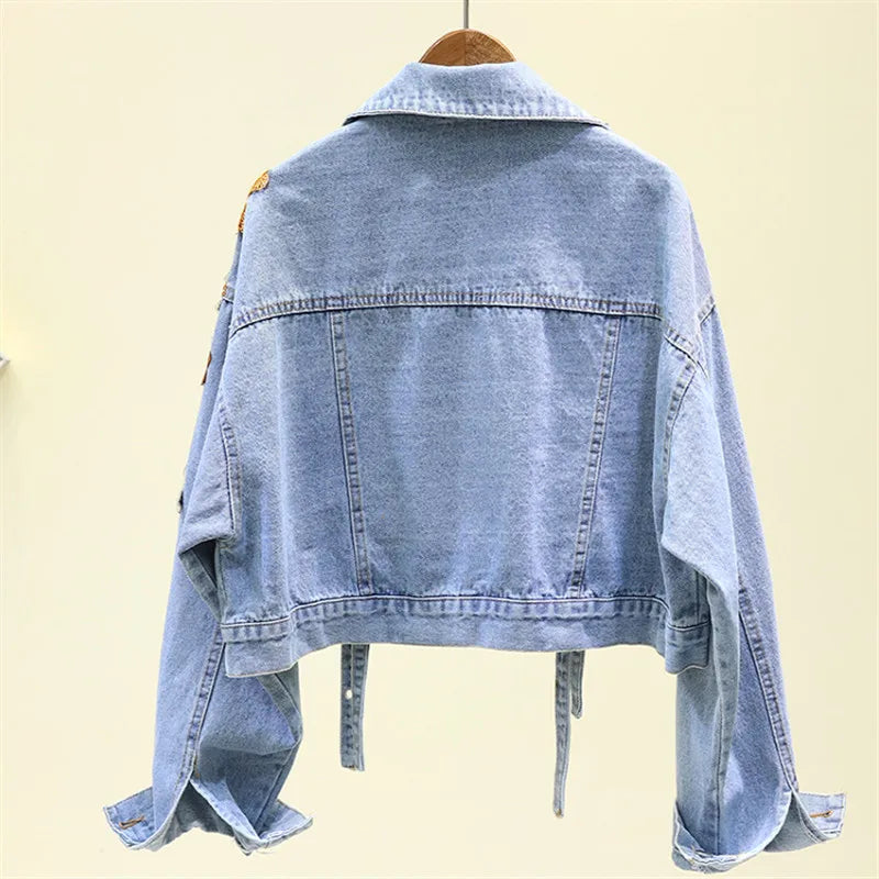 Autumn Denim Jacket Women Flowers Embroidery Sequins Jeans Coat Loose Long Sleeve Casual Student Short Clothes Streetwear H302