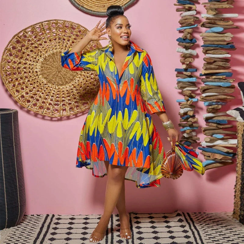 Women Sexy Fashion Printed Shirt Dresses Chic V Neck Loose Long Sleeve Dress Causal Vacation Female Mini Vestidos Robe Clothing