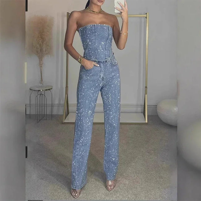 CPSYMYM Rhinestones Denim Vest Jeans Set Women Sexy Slim Sleeveless Strapless Empire Waist Zipper Pocket Pencil Trouser  Summer