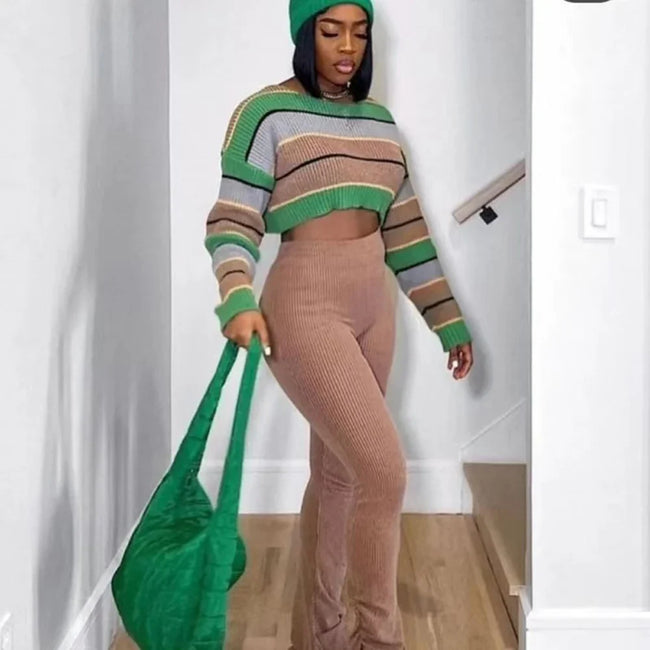 Women 2 Piece Set Long Sleeve Striped Sweater and Sweat Pants Suits 2024 Winter Fitness Active Two Piece Lounge Sets Tracksuit