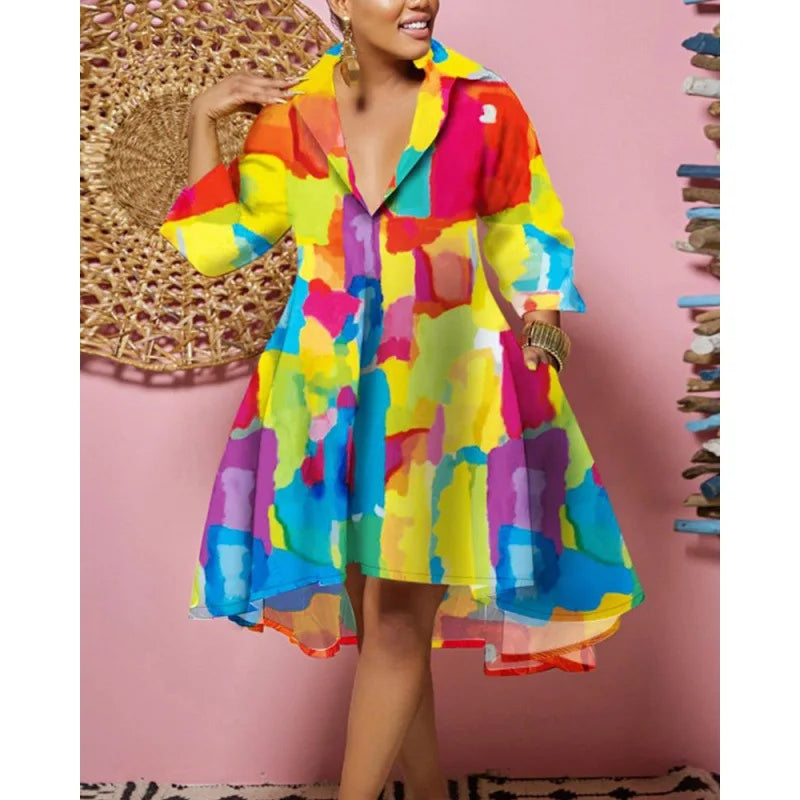 Women Sexy Fashion Printed Shirt Dresses Chic V Neck Loose Long Sleeve Dress Causal Vacation Female Mini Vestidos Robe Clothing