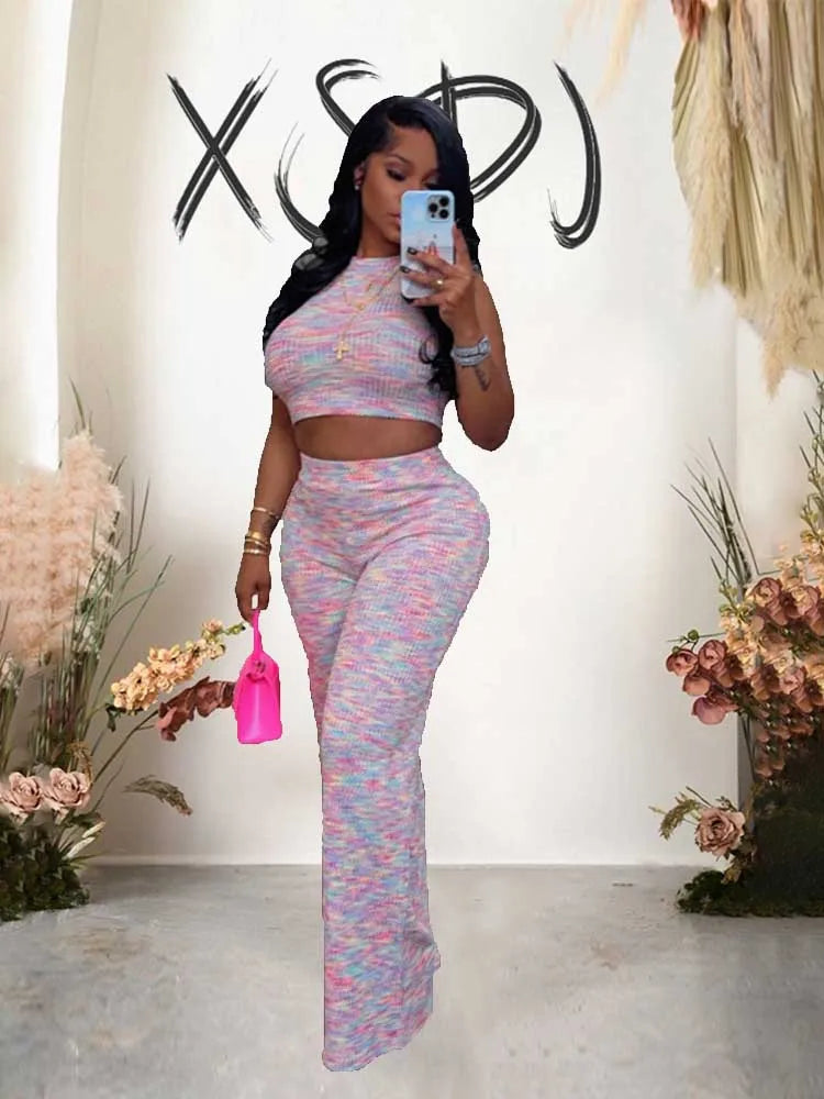 2 Piece Sets Womens Outfits Elegant Stretchy Knitted Summer Suit Sexy Sleeveless Top and Pant Suit Wholesale Dropshipping