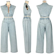 Streetwear Denim Set Women 2 Piece Set Outfit Jean Zipper Turn-down Collar Cropped Top and Loose Wide Leg Pants Matching Sets