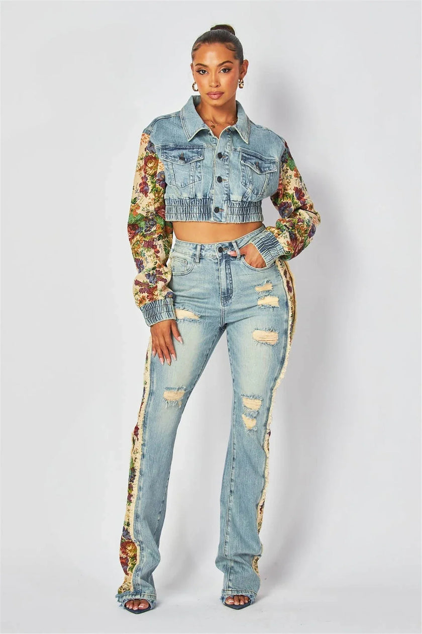 2024 Women's Printed Splicing Denim Jacket Long Sleeve and Piercing Jeans Long Pants Color Contrasting Set Two Piece Set