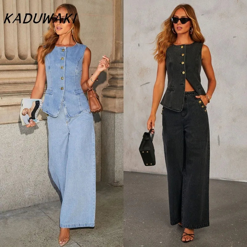 KADUWAKI Slim Denim Waistcoat Jeans 2pc Women Elegant Single Breasted O Neck Vest Wide Leg Pants Spring Lady High Street Outfits