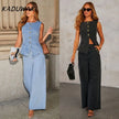 KADUWAKI Slim Denim Waistcoat Jeans 2pc Women Elegant Single Breasted O Neck Vest Wide Leg Pants Spring Lady High Street Outfits