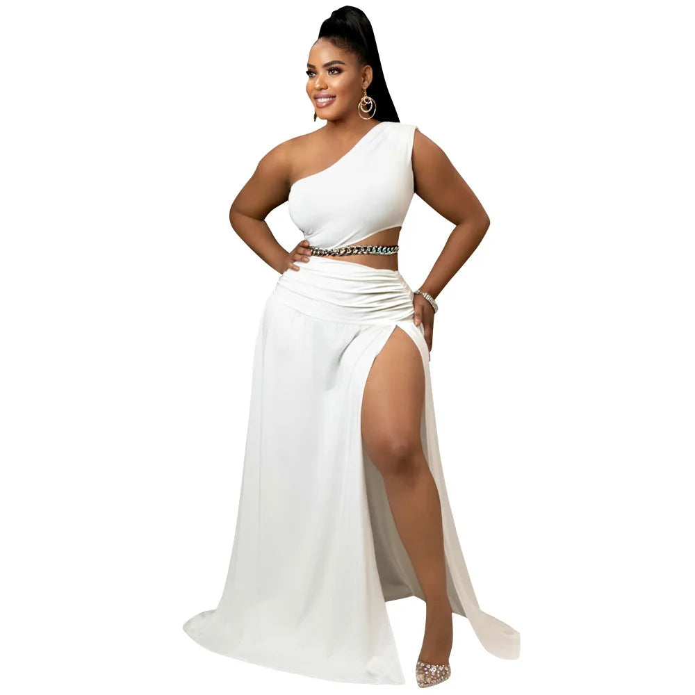 Women Clothes Set Sexy One Shoulder Crop Top Side Split A Line Skirt Beach Party Two Pieces Set Summer 2022