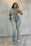 2024 Women's Printed Splicing Denim Jacket Long Sleeve and Piercing Jeans Long Pants Color Contrasting Set Two Piece Set