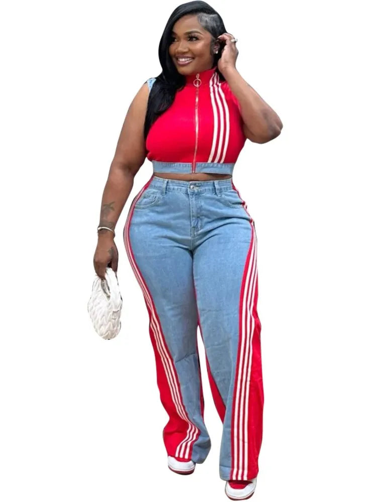 2 Pieces Women's Sets 2025 Spring Summer Denim Sleeveless Suit Tops And Wide Leg Pants Suits Two Piece Set Tracksuit Outfit