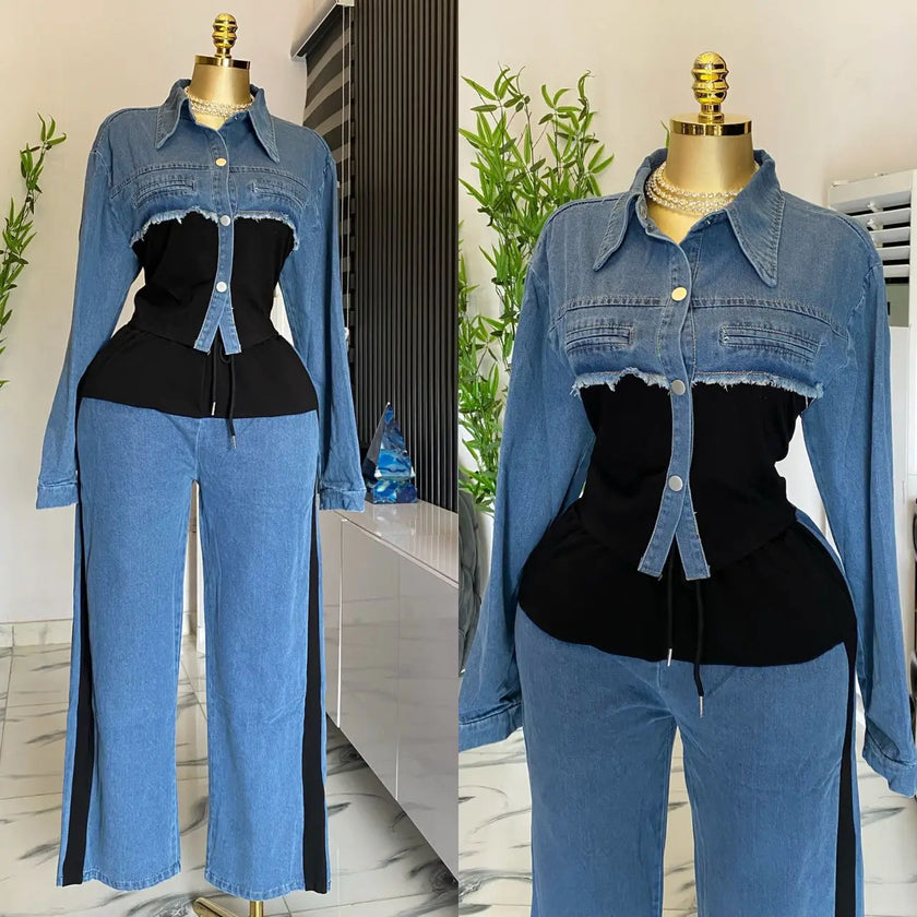 Two Piece Sets Women Pant Set Denim Splice Matching Sets Spring Top Wide Leg Long Pants Casual Loose Lace Up High Waist Jogger