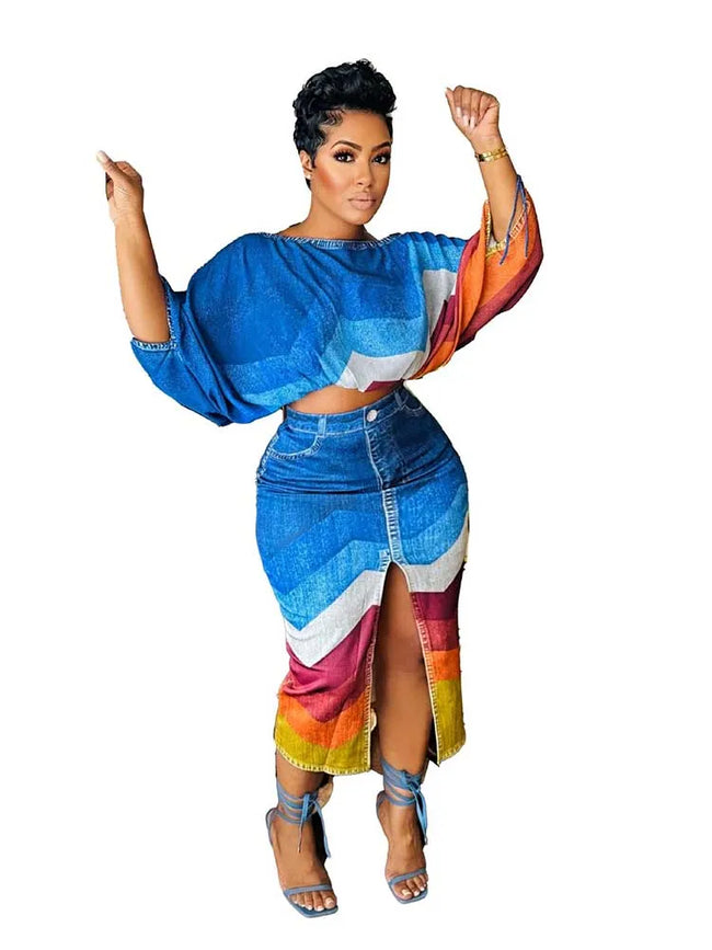 2 Piece Outfit Set Women Streetwear Summer Outfits with Skirts Fake Denim Print Elegant Chic Open Split Skirt Long Sexy Female