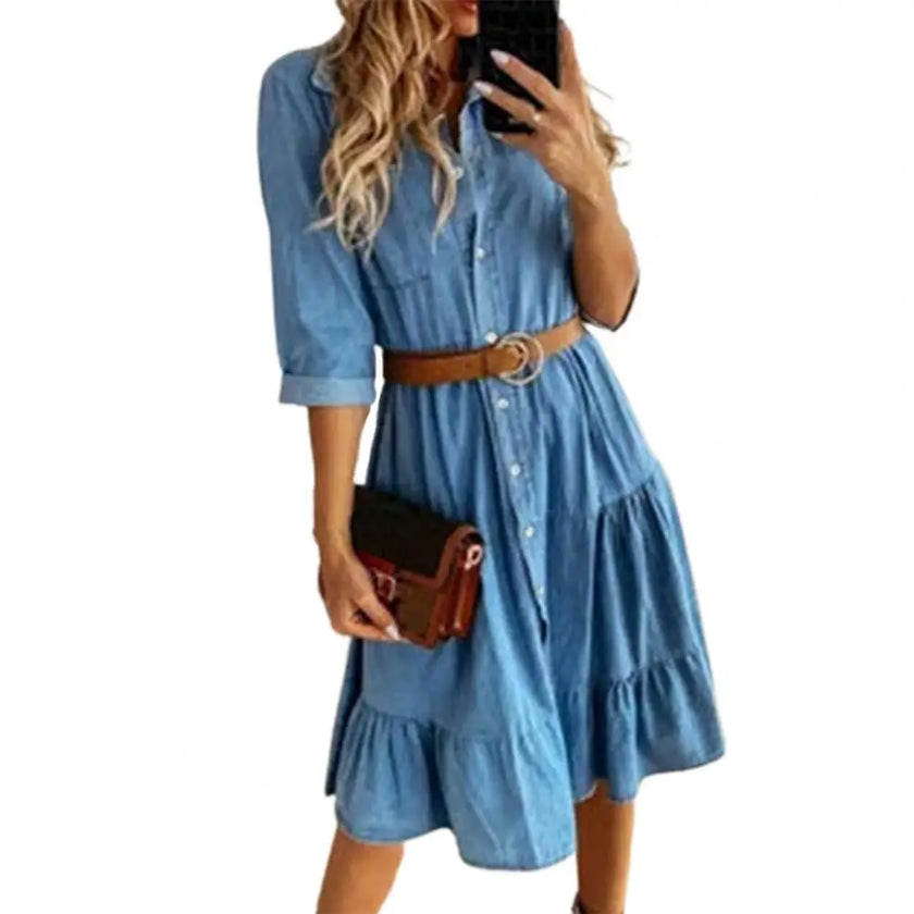 Denim Dress Three Quarter Sleeve with Belt Turn-down Collar Spring Autumn Buttons Ruffle Jeans Dresses for women 2023
