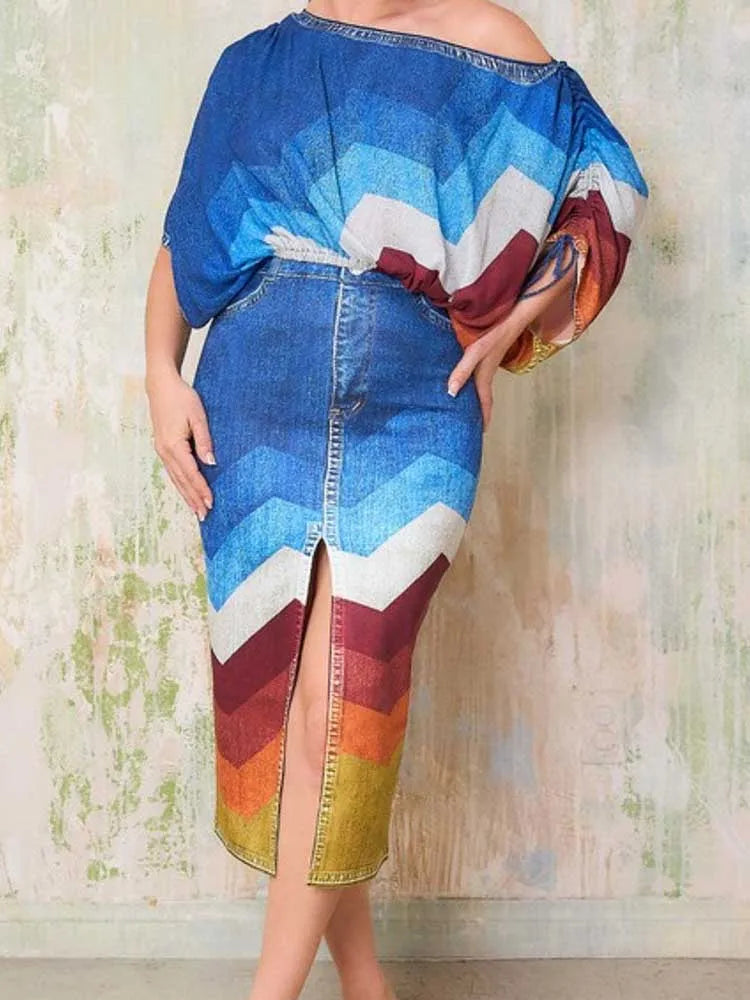 2 Piece Outfit Set Women Streetwear Summer Outfits with Skirts Fake Denim Print Elegant Chic Open Split Skirt Long Sexy Female