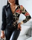 V Neck Spliced Vintage Long Sleeve Button Up Women Shirts Fashionable Chain Printed Designer Plus Size Women'S Blouses & Shirts