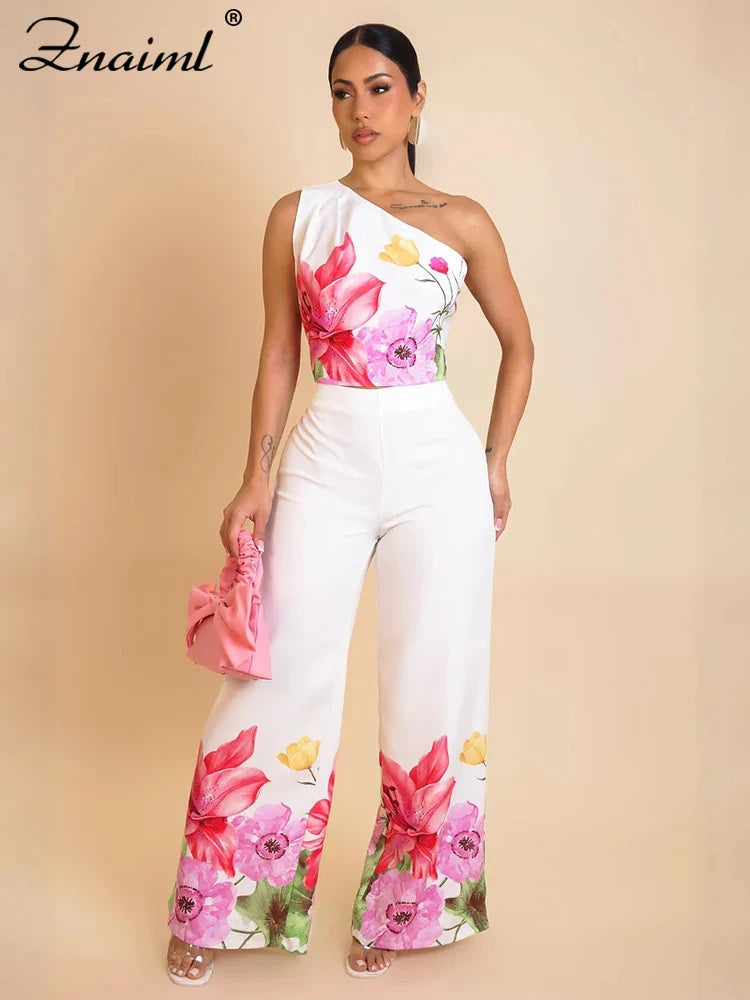 Znaiml Flower Print 2 Piece Pant Set Women Skew Collar Crop Tops and Wide Leg Pants Casual Summer Vacation Party Outfits 2025