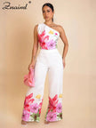 Znaiml Flower Print 2 Piece Pant Set Women Skew Collar Crop Tops and Wide Leg Pants Casual Summer Vacation Party Outfits 2025