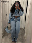 Streetwear Blue Patchwork Denim Two 2 Piece Pants Set Women Sales Long Sleeve Crop Tops and Flare Jeans Loose Matching Outfits