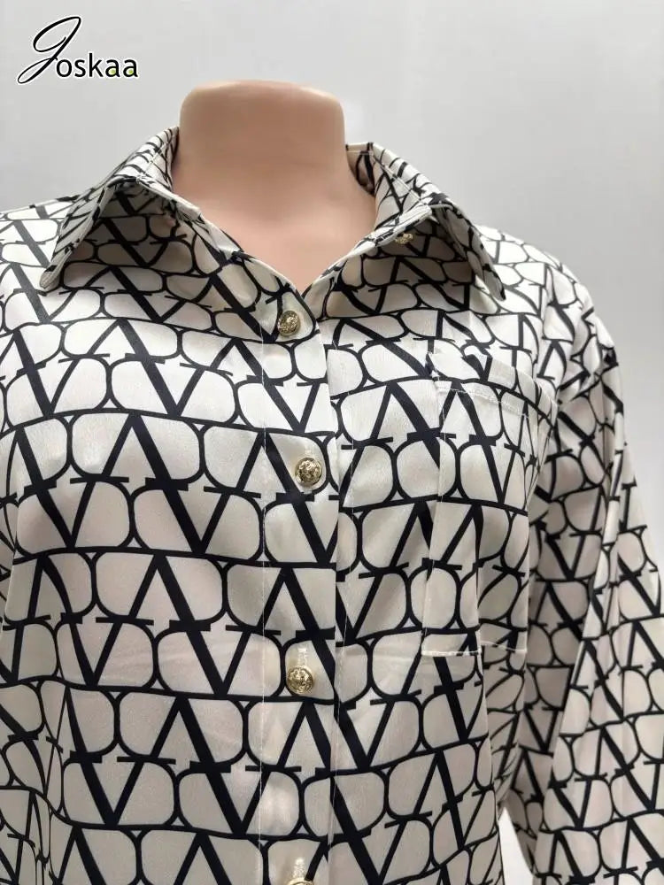 Joskaa Print 2 Piece Sets Women Hipster Lapel Full Sleeve Oversized Blouse and Wide Leg Pants Matching 2025 Y2K Streetwear