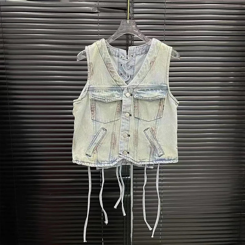 WTHT Vintage 2025 Summer Women's Bandage Single-breasted Denim Vest Fashion High-waisted Loose Wide Leg Jeans Female 1LS1482