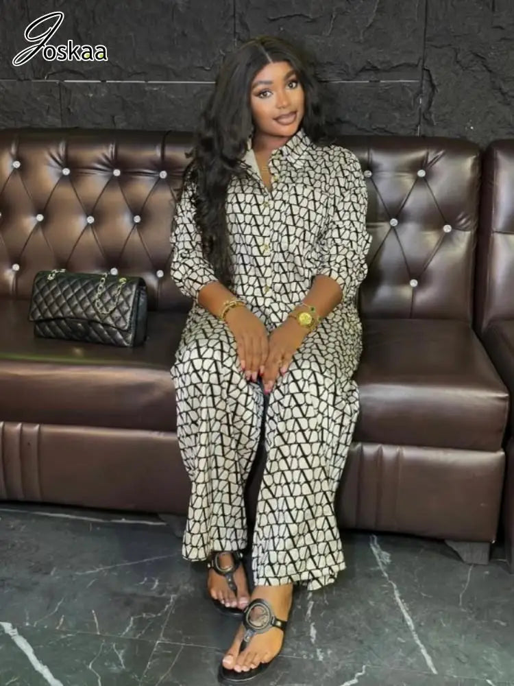Joskaa Print 2 Piece Sets Women Hipster Lapel Full Sleeve Oversized Blouse and Wide Leg Pants Matching 2025 Y2K Streetwear