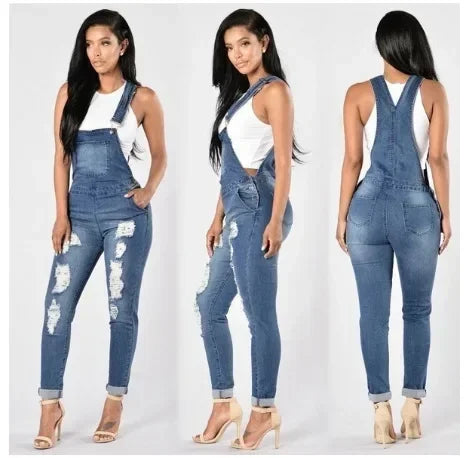 Women Demin Overalls Jumpsuits Jeans Distressed Pencil Pants Denim Holes Pockets Jenas High Street Mid Waist One Piece Slim Fit