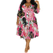 Plus Size Women's Abstract Watercolor Floral Print V-Neck Wrap Midi Dress 3/4 Sleeve Elegant Look