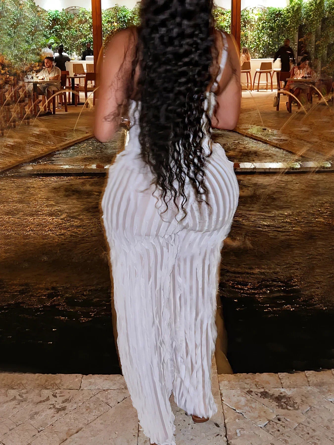 Women's Solid Backless Cami Bodysuit & Elastic Waist Frilled Pants Set, Fashion Casual V Neck Spaghetti Strap Bodysuit & Straigh