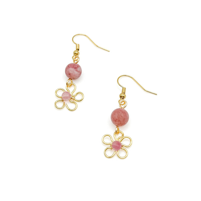 Astrid gold flower and pink agate earrings