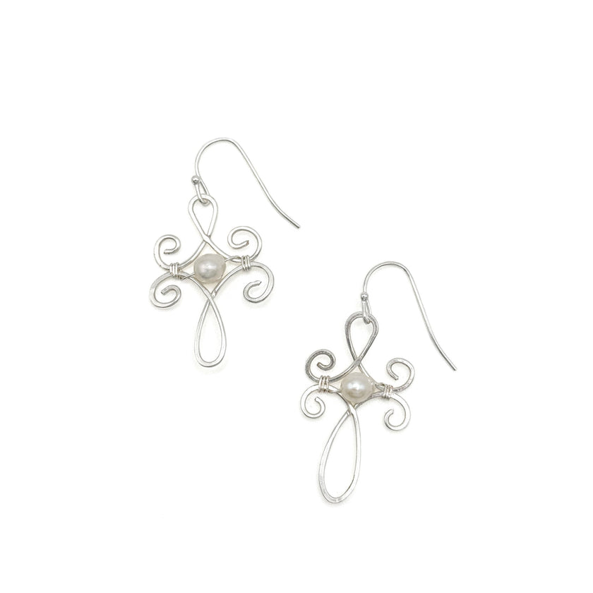 Ava silver wire cross and pearl earrings