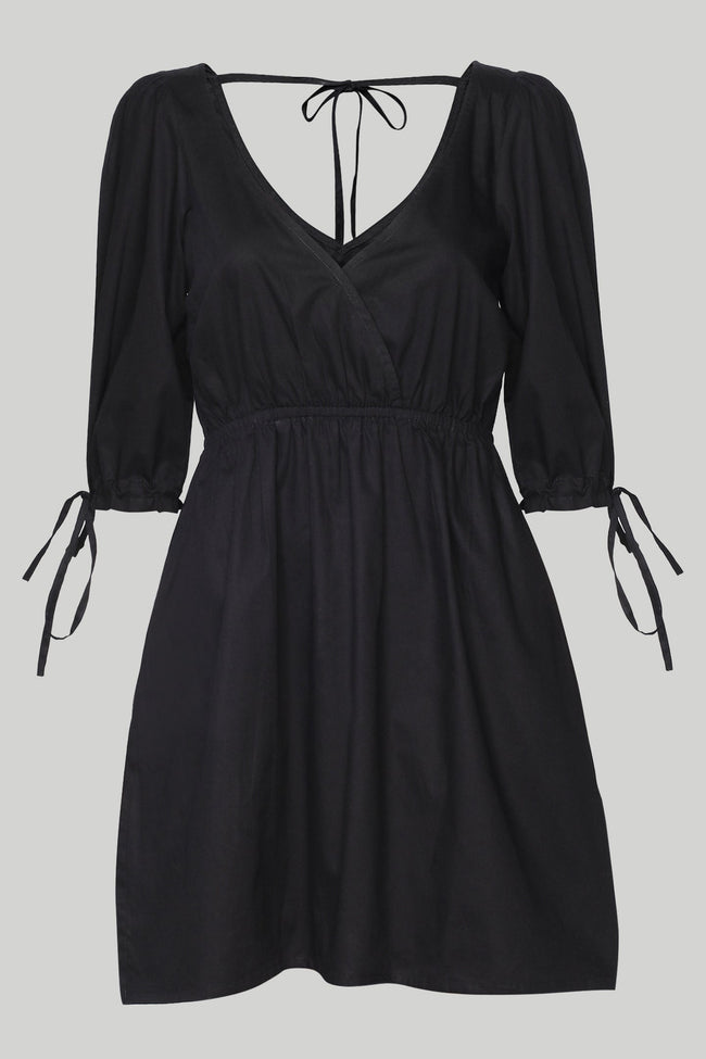 Gathered Elbow Sleeve Short Dress in Black