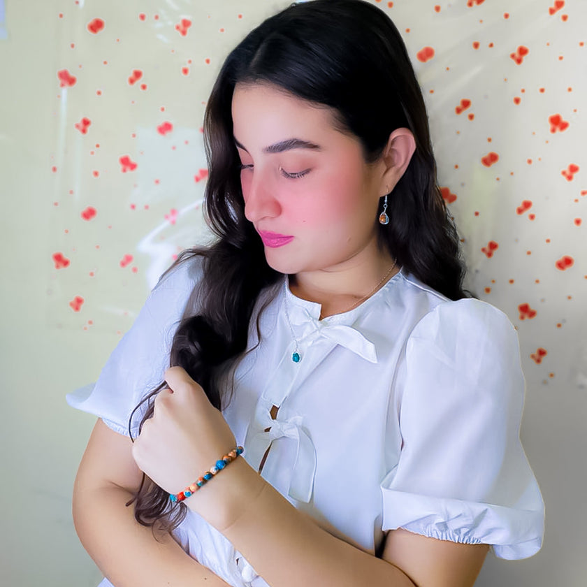 Sunrise turquoise, orange and cream jasper beaded stretch bracelet