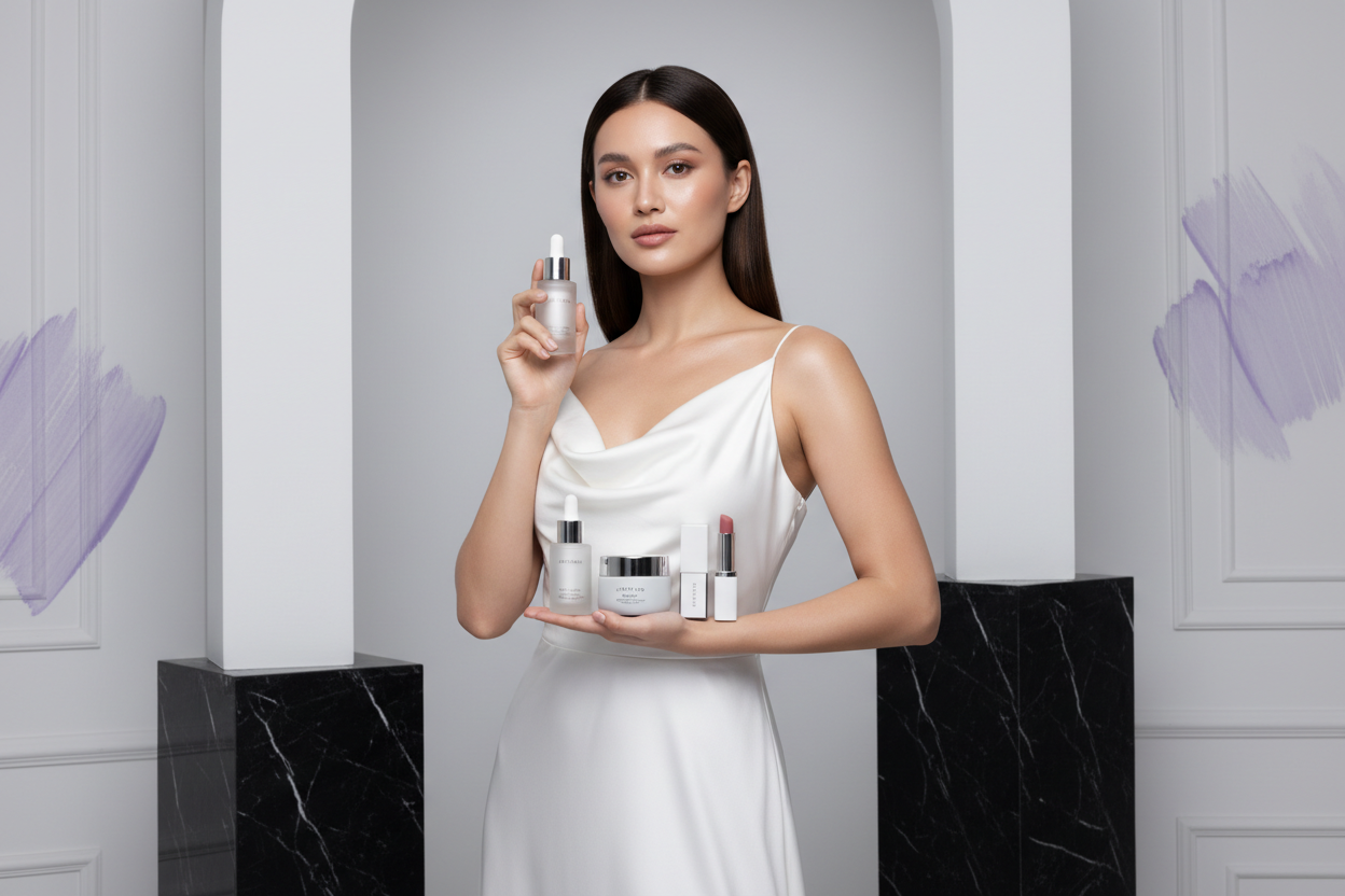 a luxury beauty image featuring an elegant woman with glowing skin,natural makeup,and a confident expression.  she is holding beauty products such as skincare bottles and makeup items. the background is clean and minimal with white and black tones and subtle purple accents. soft lighting, premuim fashion aesthetic,modern and feminine style. high_end professionnel,and visually attcactive for an online women's fashion and beauty store.