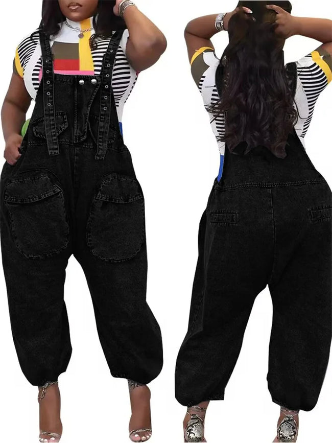 Wmstar Women's Jumpsuit Denim Cargo Pockets One Piece Outfits Wide Leg Black Fashion Streetwear Romper Wholesale Dropshipping