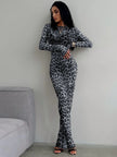 Hugcitar Leopard Print Mesh Long Sleeve Sexy Slim  See Through Maxi Dress Fall Women Fashion Outfits Beach Vacation Club