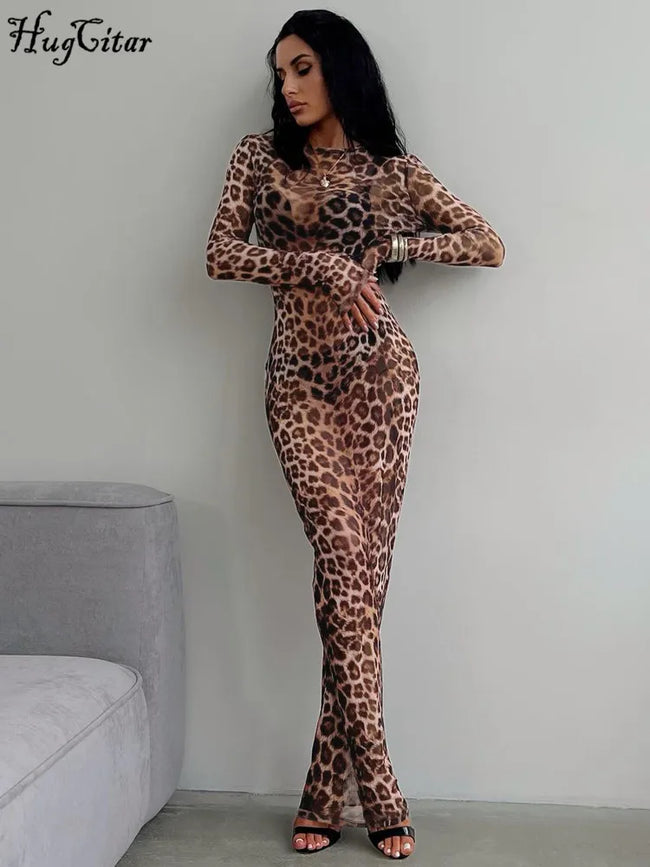 Hugcitar Leopard Print Mesh Long Sleeve Sexy Slim  See Through Maxi Dress Fall Women Fashion Outfits Beach Vacation Club
