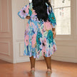 Plus Size Women's Abstract Watercolor Floral Print V-Neck Wrap Midi Dress 3/4 Sleeve Elegant Look