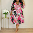 Plus Size Women's Abstract Watercolor Floral Print V-Neck Wrap Midi Dress 3/4 Sleeve Elegant Look