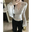 WAKUTA Sexy Lace Shirt V-neck Long-sleeved Outwear Tops Fall Short Tight Design Pure Desire Hottie Inner Pullovers Кофта Женская