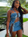 Skirt and Top Set Woman Summer 2 Piece Outfit Hollow Out Strapless Strap with Short Mini Skirt Night Club Wear Blue Denim Set