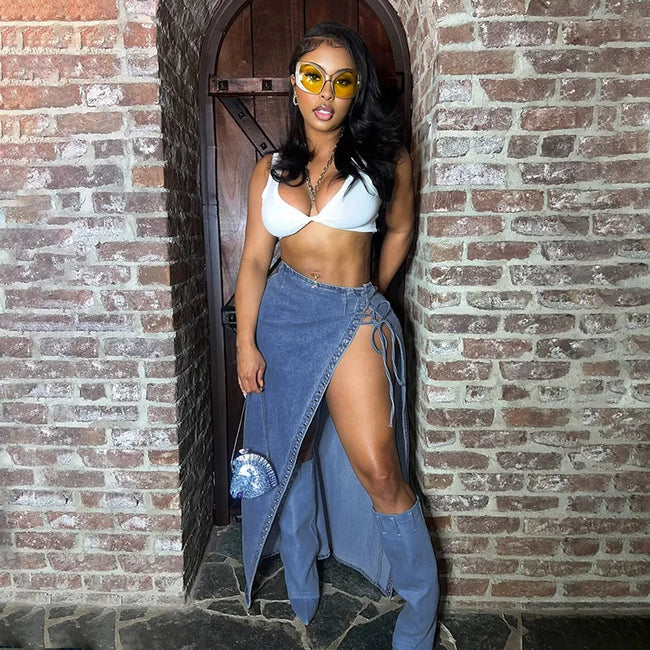 lace up Skirts For Women Elegant High Waisted Denim Skirt For Women Summer Chic Asymmetrical Split Hem Slimming Mid side spit Sk