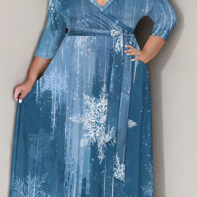 Plus Size Women's 3/4 Sleeve V-Neck Snowflake Print Wrap Maxi Dress Winter Elegant Party Dress