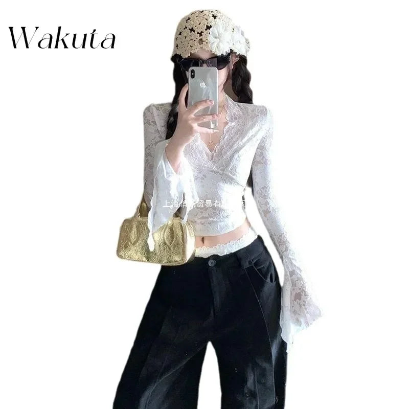 WAKUTA Sexy Lace Shirt V-neck Long-sleeved Outwear Tops Fall Short Tight Design Pure Desire Hottie Inner Pullovers Кофта Женская