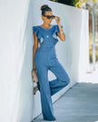 Women's Slim Fit round Ne Jumpsuit Casual  Color High Waist Long Pants Commute Sle Polyester Denim Fabric Summer