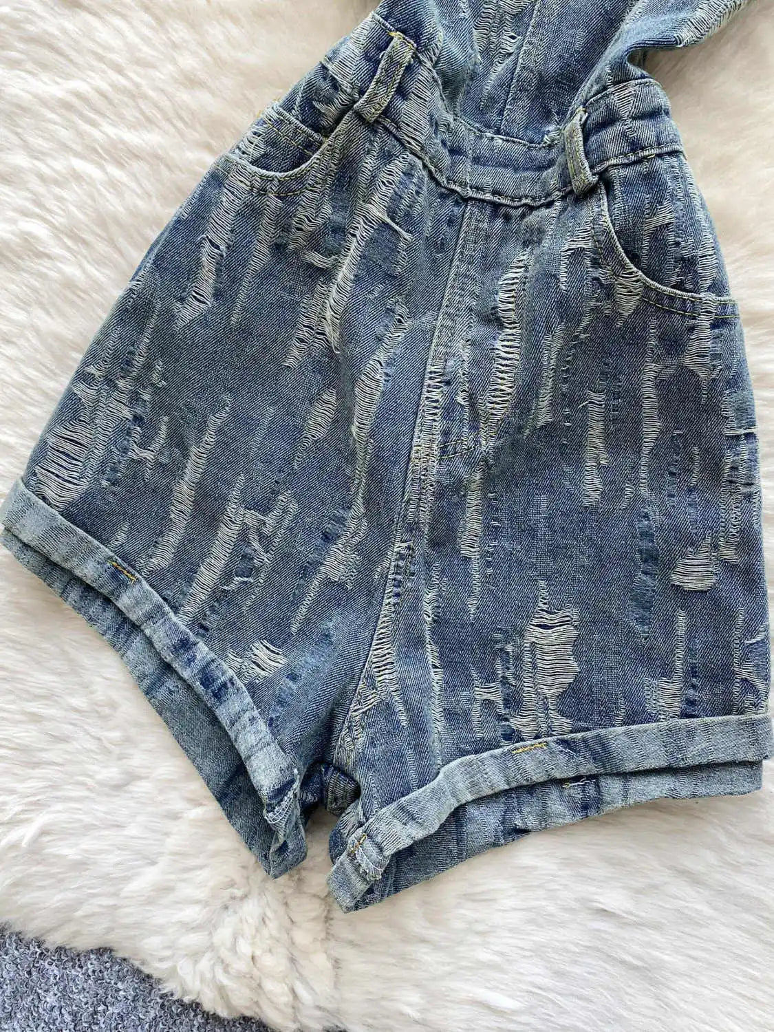 Women's Blue Ripped Denim Shorts Jumpsuits 90s Vintage Playsuits Harajuku Off Shoulder Rompers Jeans Pants Ladies Clothes Summer