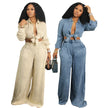Streetwear Loose Fit Matching Set Outfits for Women Two Piece Set Club Party Lace-up Shirt Top and Wide Leg Pants Set Elegance