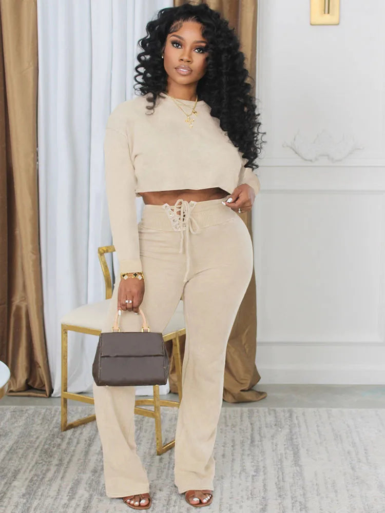 Solid Casual Two Piece Set for Women Sweatsuit Sporty Fitness Long Sleeve Top and Lace-up Wide Leg Pants Joggers Tracksuit Fall