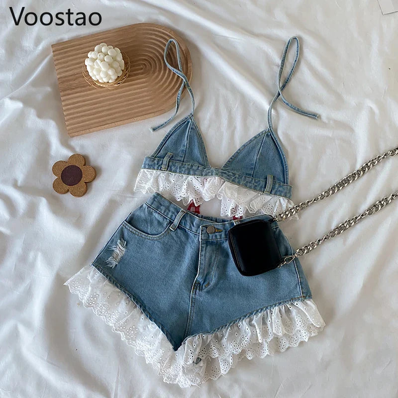 Summer Sweet Lolita Style Denim Shorts Sets Girls Sexy Lace Bandage Camisole Crop Tops Ruffles Jeans Short Pants Women 2PC Set